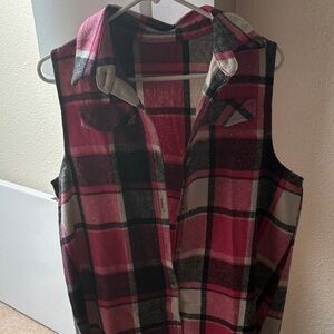 Sleeveless Plaid Button-Front Shirt Vest in Pink and Black